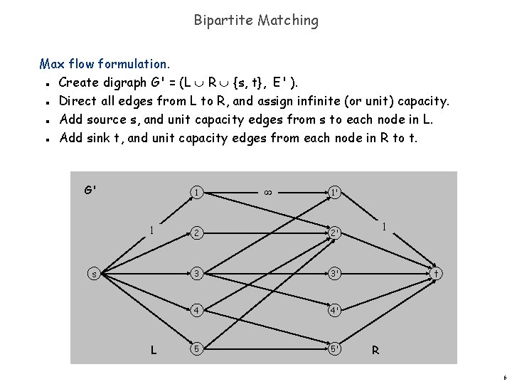 Bipartite Matching Max flow formulation. Create digraph G' = (L R {s, t}, E' Bipartite Matching Max flow formulation. Create digraph G' = (L R {s, t}, E'