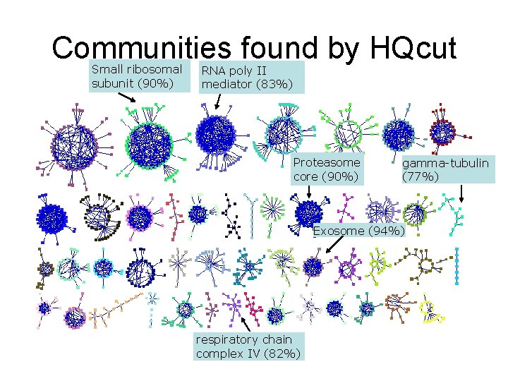 Communities found by HQcut Small ribosomal subunit (90%) RNA poly II mediator (83%) Proteasome
