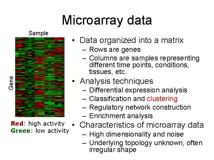 Microarray data Sample • Data organized into a matrix Gene – Rows are genes