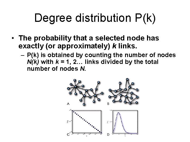 Degree distribution P(k) • The probability that a selected node has exactly (or approximately)
