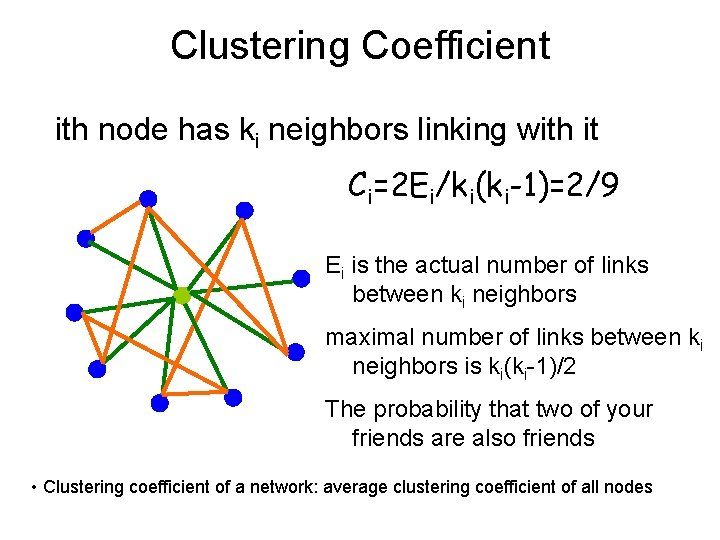 Clustering Coefficient ith node has ki neighbors linking with it Ci=2 Ei/ki(ki-1)=2/9 Ei is