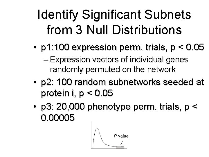 Identify Significant Subnets from 3 Null Distributions • p 1: 100 expression perm. trials,