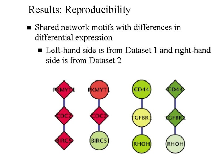Results: Reproducibility n Shared network motifs with differences in differential expression n Left-hand side