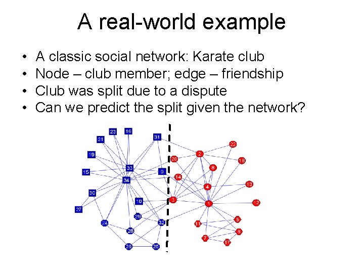 A real-world example • • A classic social network: Karate club Node – club