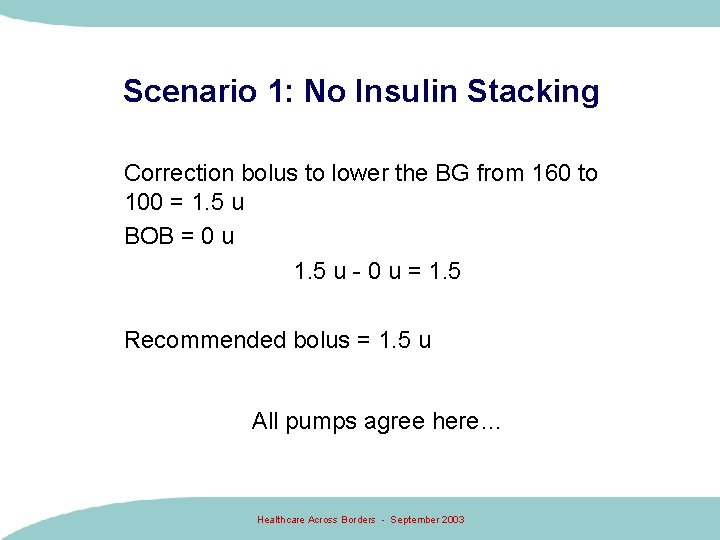 Scenario 1: No Insulin Stacking Correction bolus to lower the BG from 160 to