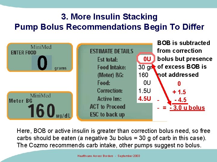 3. More Insulin Stacking Pump Bolus Recommendations Begin To Differ 0 BOB is subtracted