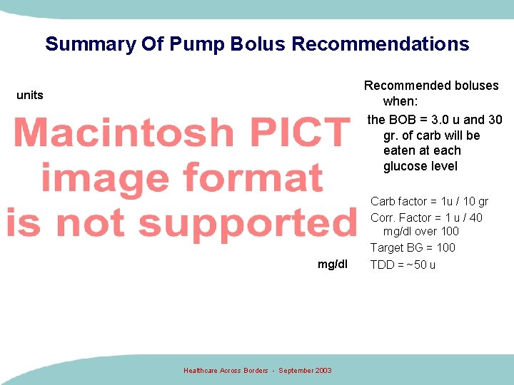 Summary Of Pump Bolus Recommendations Recommended boluses when: the BOB = 3. 0 u