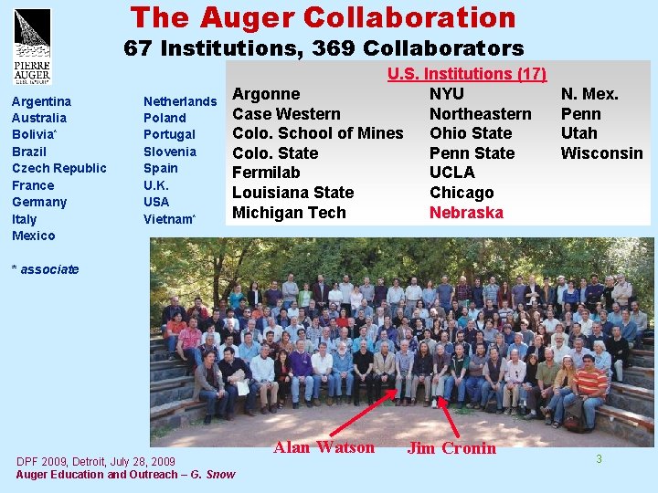 The Auger Collaboration 67 Institutions, 369 Collaborators Argentina Australia Bolivia* Brazil Czech Republic France