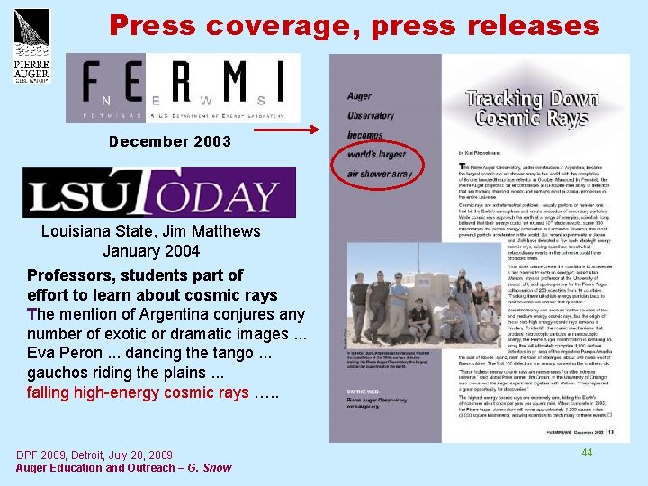 Press coverage, press releases December 2003 Louisiana State, Jim Matthews January 2004 Professors, students