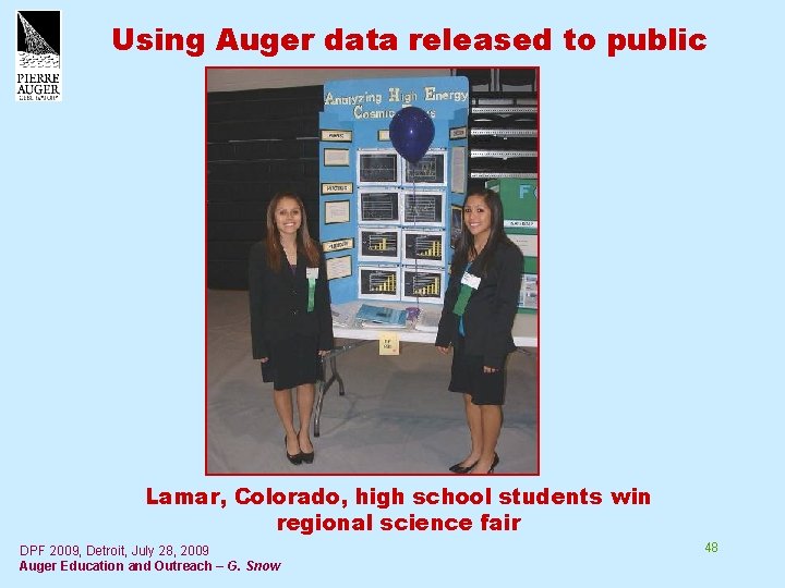 Using Auger data released to public Lamar, Colorado, high school students win regional science