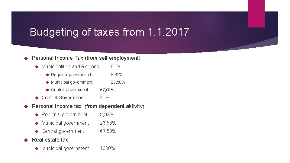 Budgeting of taxes from 1. 1. 2017 Personal Income Tax (from self employment) Municipalities