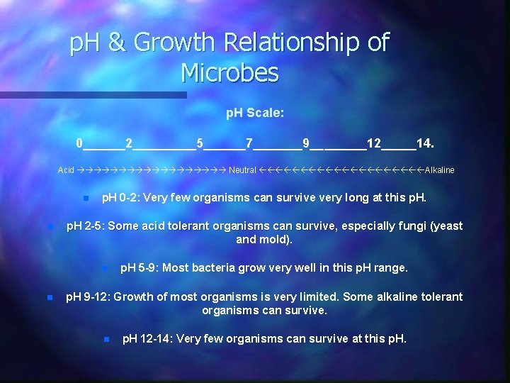 p. H & Growth Relationship of Microbes p. H Scale: 0______2_____5______7_______9____12_____14. Acid Neutral Alkaline