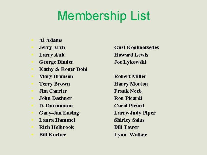 Membership List • • • • Al Adams Jerry Arch Larry Ault George Binder