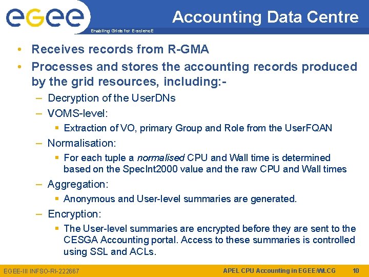 Accounting Data Centre Enabling Grids for E-scienc. E • Receives records from R-GMA •