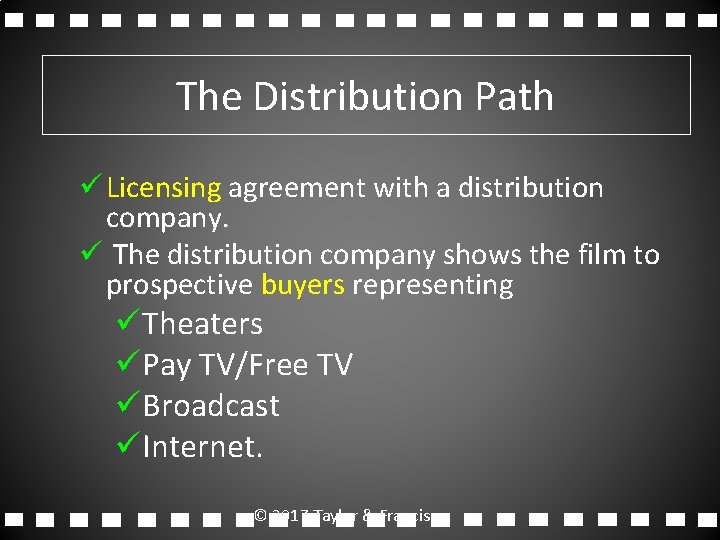 The Distribution Path ü Licensing agreement with a distribution company. ü The distribution company