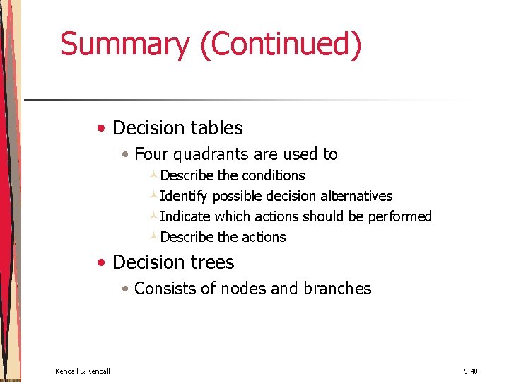 Summary (Continued) • Decision tables • Four quadrants are used to ©Describe the conditions Summary (Continued) • Decision tables • Four quadrants are used to ©Describe the conditions