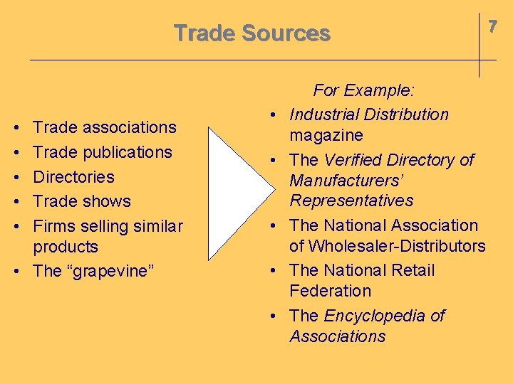 Trade Sources • • • Trade associations Trade publications Directories Trade shows Firms selling