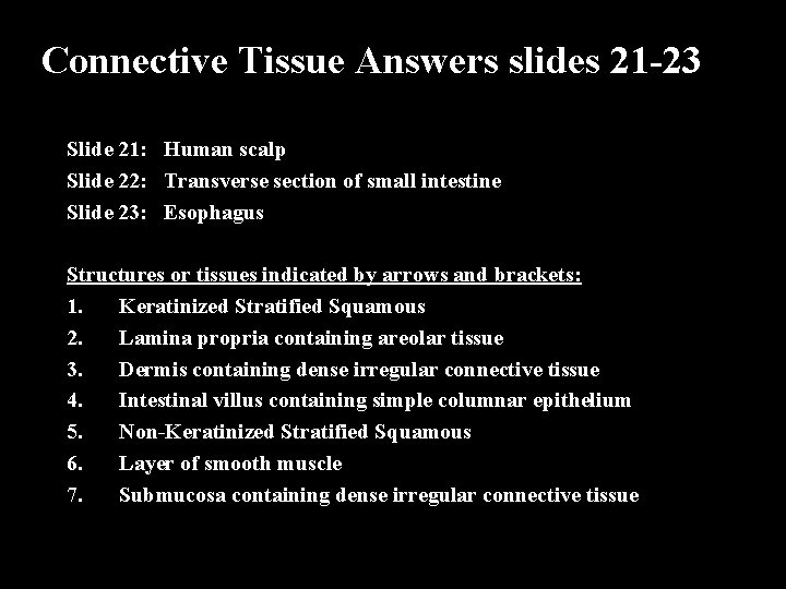 Connective Tissue Answers slides 21 -23 Slide 21: Human scalp Slide 22: Transverse section