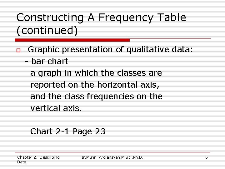 Constructing A Frequency Table (continued) o Graphic presentation of qualitative data: - bar chart