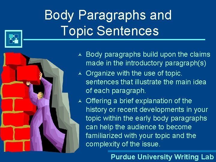 Body Paragraphs and Topic Sentences © © © Body paragraphs build upon the claims