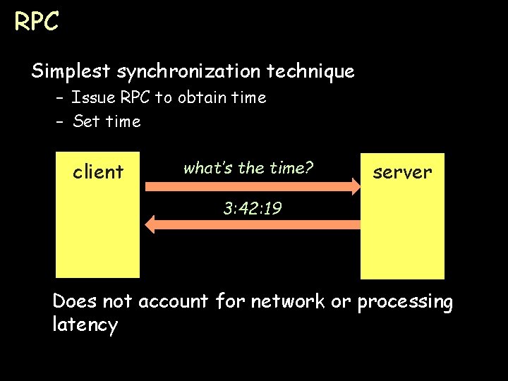 RPC Simplest synchronization technique – Issue RPC to obtain time – Set time client
