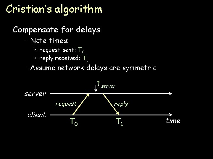 Cristian’s algorithm Compensate for delays – Note times: • request sent: T 0 •