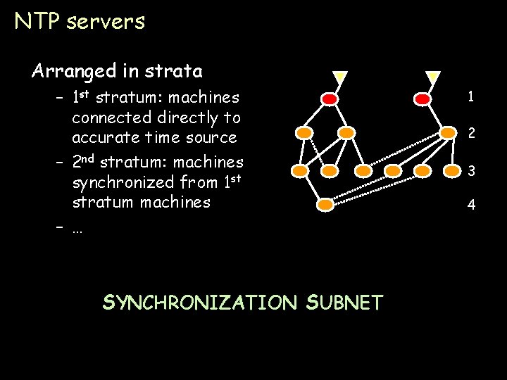 NTP servers Arranged in strata – 1 st stratum: machines connected directly to accurate