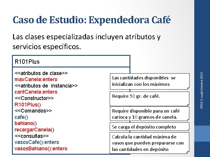 Caso de Estudio: Expendedora Café Las clases especializadas incluyen atributos y servicios específicos. <<atributos