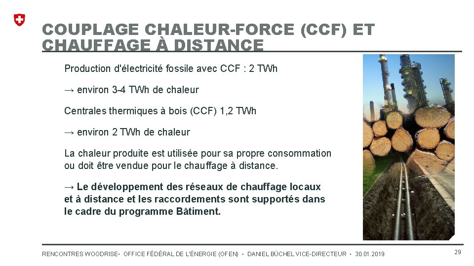 COUPLAGE CHALEUR-FORCE (CCF) ET CHAUFFAGE À DISTANCE Production d'électricité fossile avec CCF : 2