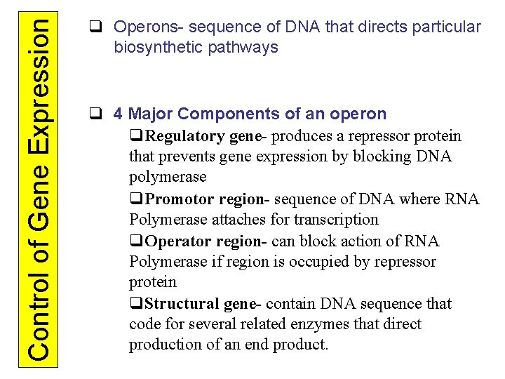 Control of Gene Expression q Operons- sequence of DNA that directs particular biosynthetic pathways