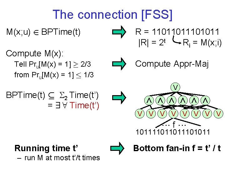 The connection [FSS] M(x; u) 2 BPTime(t) Compute M(x): Tell Pru[M(x) = 1] ¸