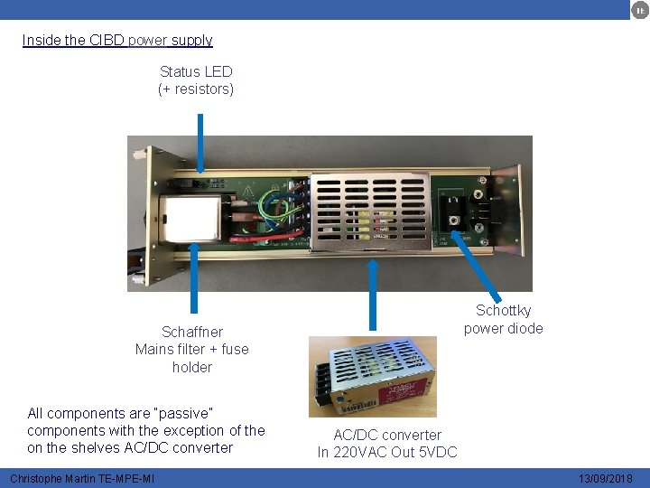 Inside the CIBD power supply Status LED (+ resistors) Schottky power diode Schaffner Mains