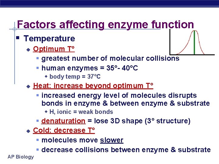 Factors affecting enzyme function § Temperature u Optimum T° § greatest number of molecular