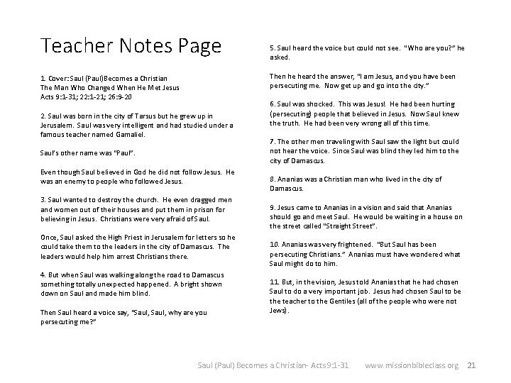 Teacher Notes Page 1. Cover: Saul (Paul)Becomes a Christian The Man Who Changed When