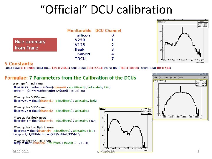 “Official” DCU calibration Nice summary from Franz 26. 10. 2011 A. Kaminskiy 2 