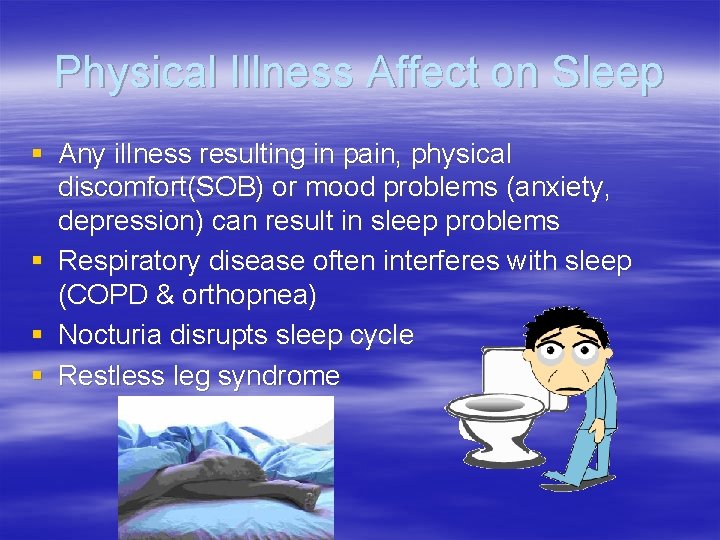Physical Illness Affect on Sleep § Any illness resulting in pain, physical discomfort(SOB) or