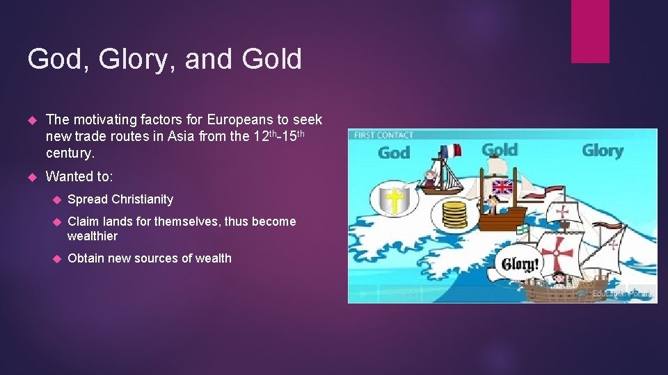 God, Glory, and Gold The motivating factors for Europeans to seek new trade routes