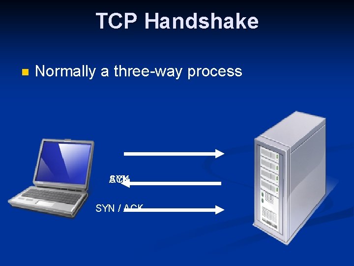 TCP Handshake n Normally a three-way process SYN ACK SYN / ACK 