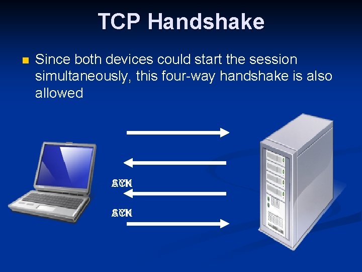 TCP Handshake n Since both devices could start the session simultaneously, this four-way handshake