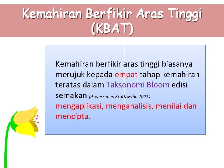 Kemahiran Berfikir Aras Tinggi (KBAT) Kemahiran berfikir aras tinggi biasanya merujuk kepada empat tahap