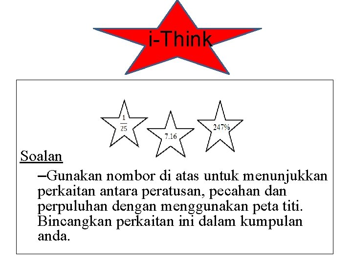 i-Think Soalan –Gunakan nombor di atas untuk menunjukkan perkaitan antara peratusan, pecahan dan perpuluhan