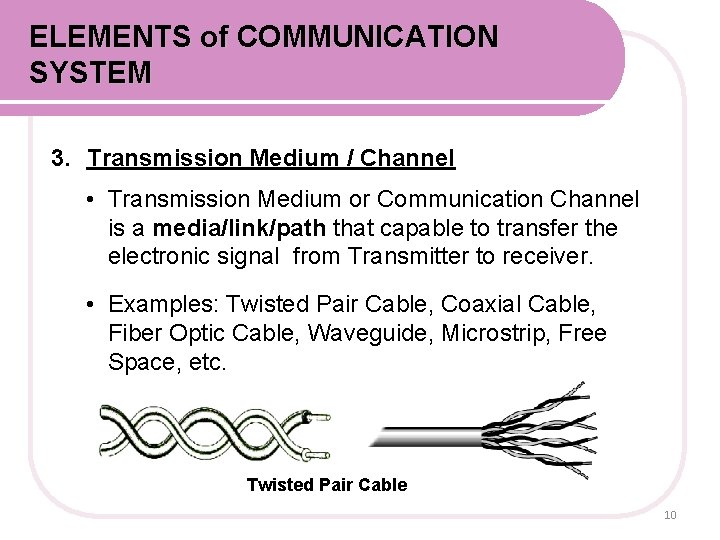 ELEMENTS of COMMUNICATION SYSTEM 3. Transmission Medium / Channel • Transmission Medium or Communication
