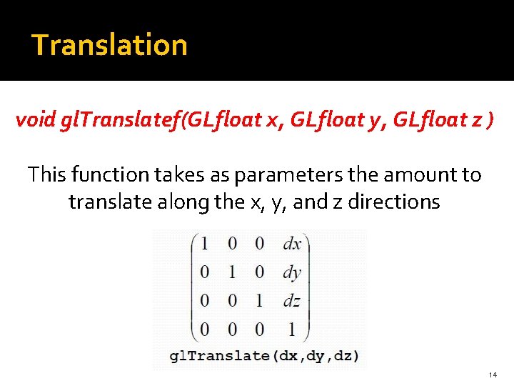 Translation void gl. Translatef(GLfloat x, GLfloat y, GLfloat z ) This function takes as