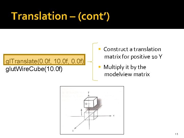 Translation – (cont’) gl. Translate(0. 0 f, 10. 0 f, 0. 0 f) glut.