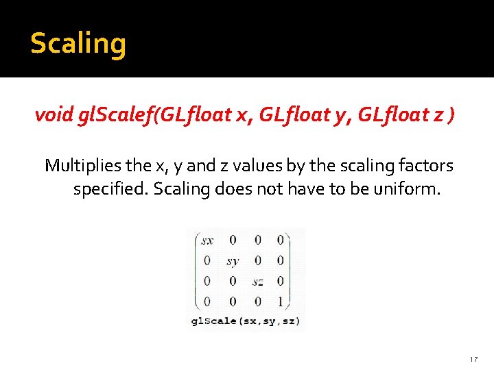 Scaling void gl. Scalef(GLfloat x, GLfloat y, GLfloat z ) Multiplies the x, y