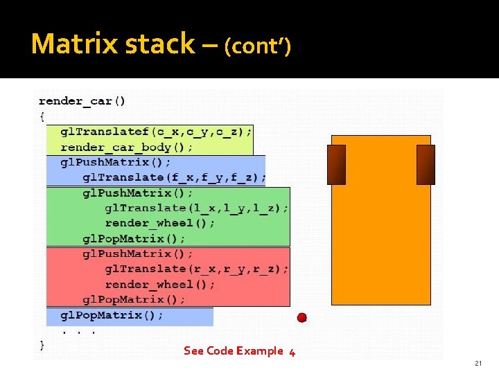 Matrix stack – (cont’) See Code Example 4 21 
