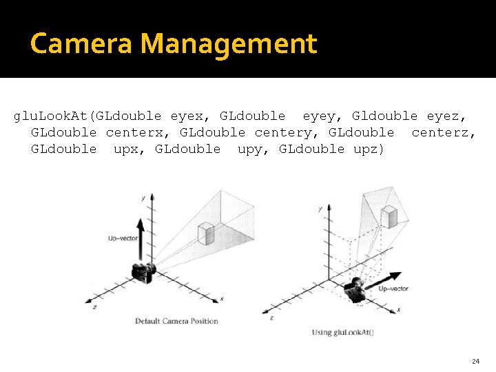 Camera Management glu. Look. At(GLdouble eyex, GLdouble eyey, Gldouble eyez, GLdouble centerx, GLdouble centery,