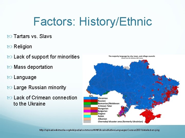 Factors: History/Ethnic Tartars vs. Slavs Religion Lack of support for minorities Mass deportation Language