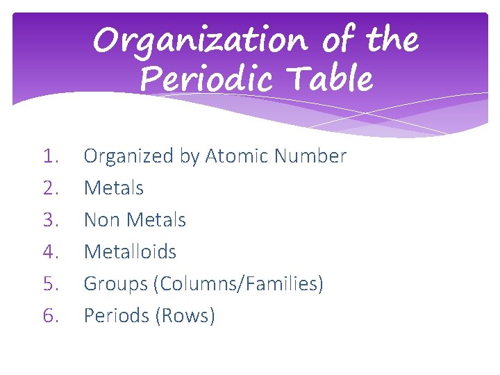Organization of the Periodic Table 1. 2. 3. 4. 5. 6. Organized by Atomic