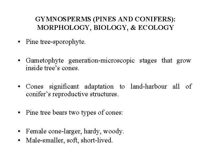 GYMNOSPERMS (PINES AND CONIFERS): MORPHOLOGY, BIOLOGY, & ECOLOGY • Pine tree-sporophyte. • Gametophyte generation-microscopic